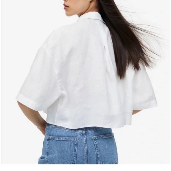 H&M %100 Linen Cropped White Button Down collar short sleeve Shirt - Picture 2 of 7